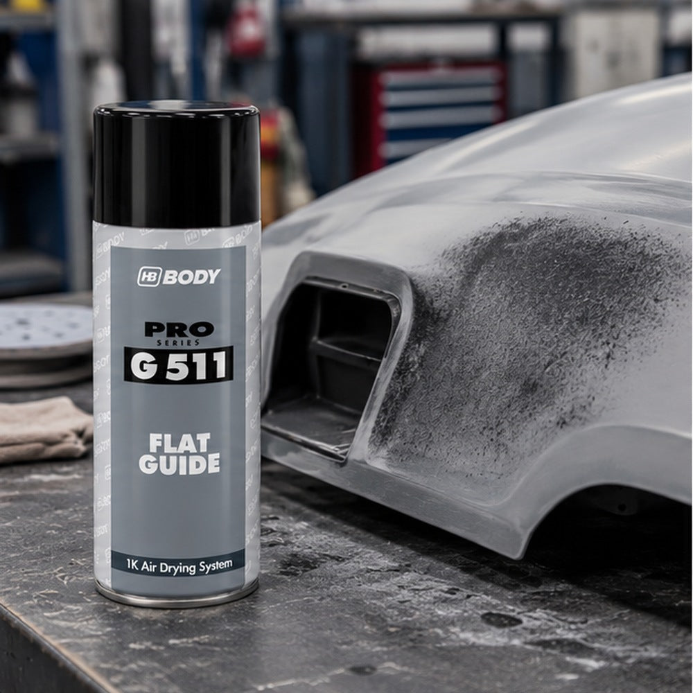 HB Body 511 Flat Guide Coat Spray 400ml on a sanded panel