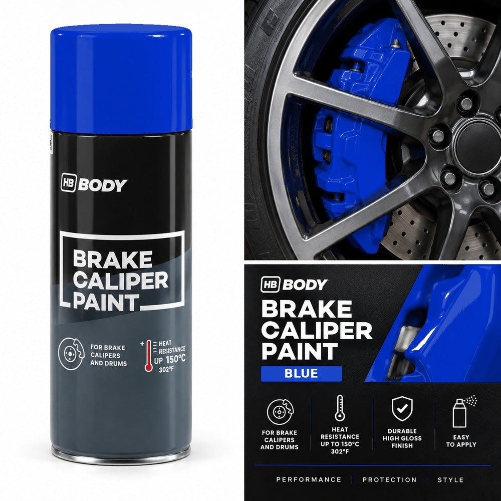 HB Body Brake Caliper Paint Spray 400ml Blue on a brake caliper