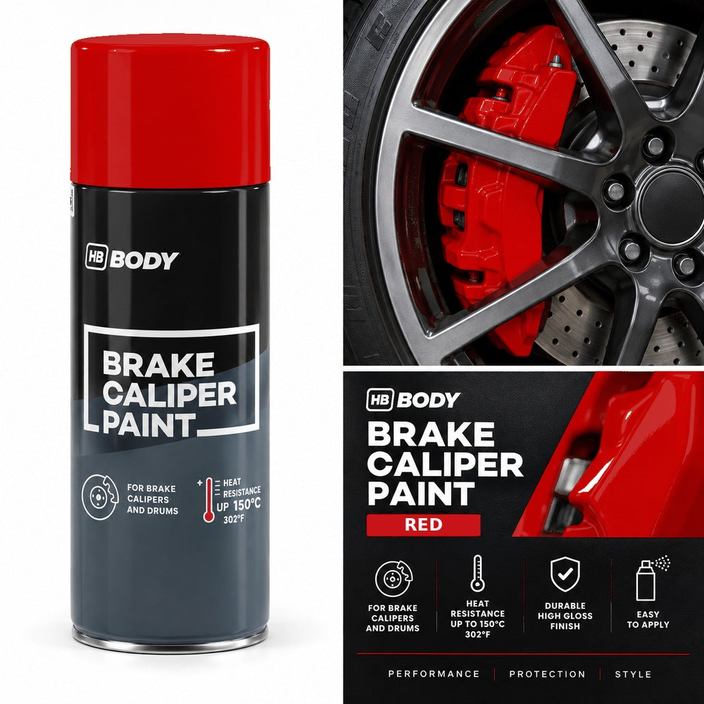 HB Body Brake Caliper Paint Spray 400ml Red on a brake caliper