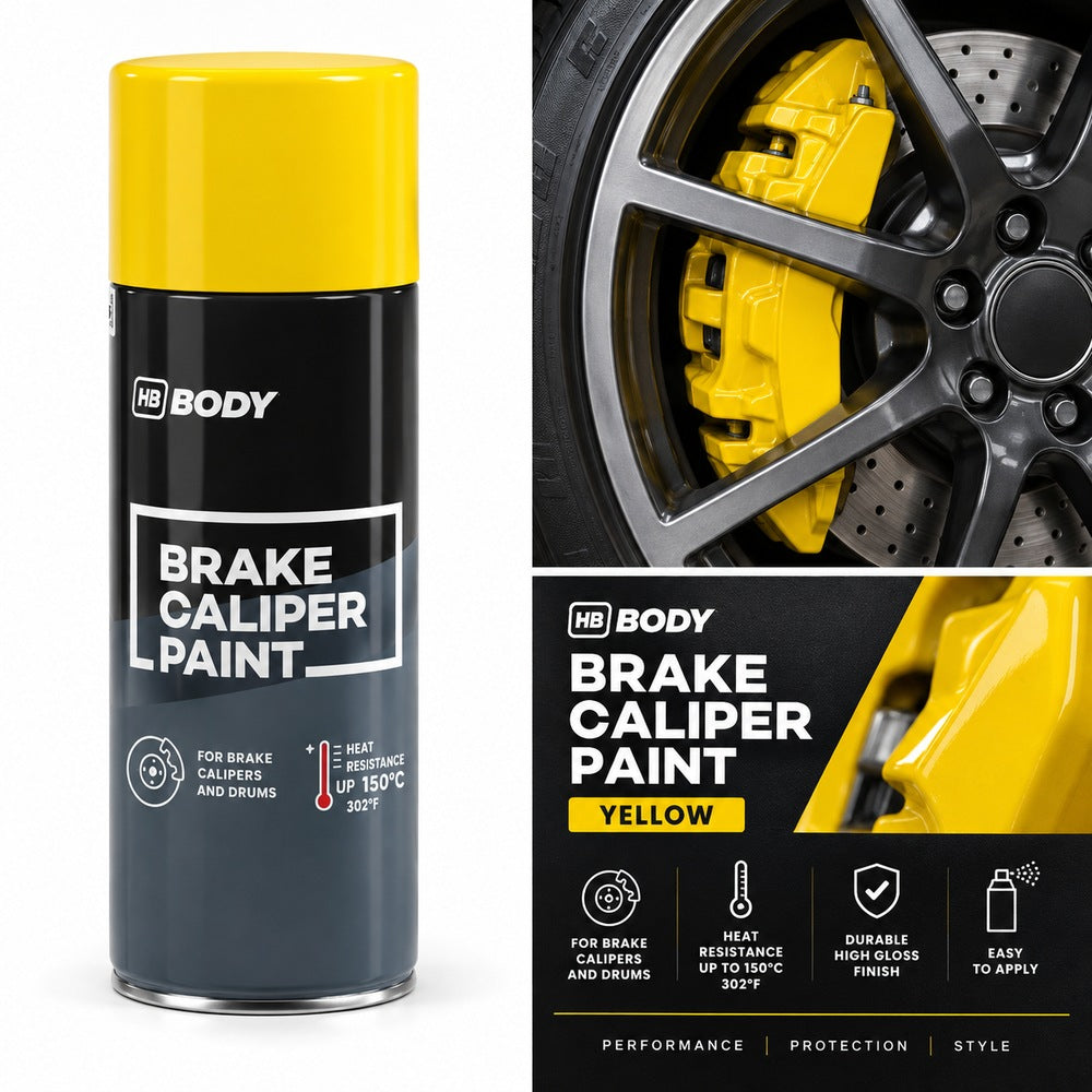 HB Body Brake Caliper Paint Spray 400ml Yellow on a brake caliper