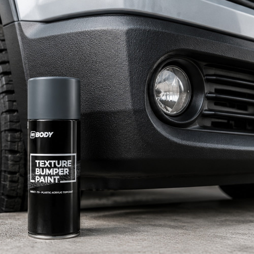 HB Body Texture Bumper Paint Black 400ml next to a bumper