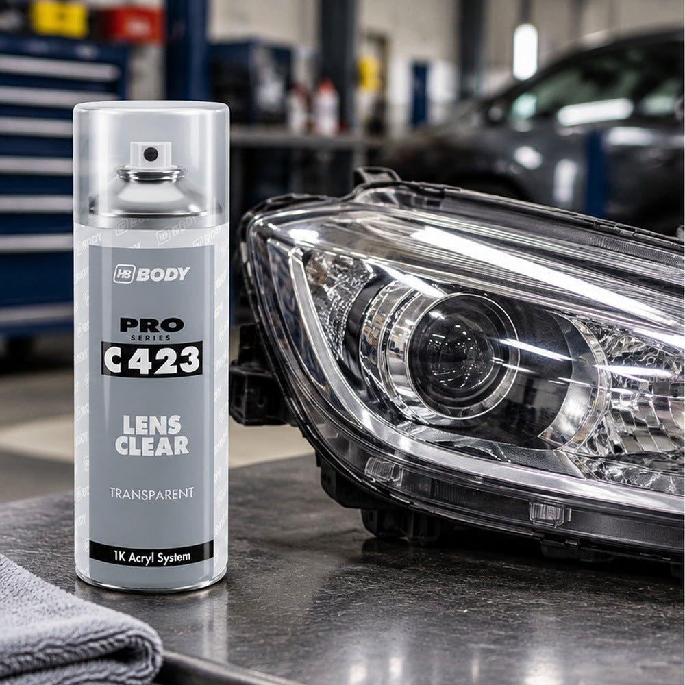 HB Body Lens Clear Headlight Restoration Spray 400ml with a restored headlight